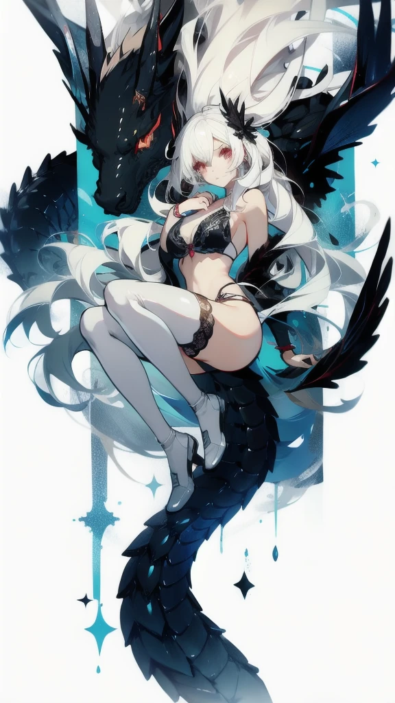 ((masterpiece, best quality)), Delicate face,Dragon Girl,Full body painting,Perfect body proportions,Long legs,((Long wavy hair)), ((Half of her hair is white,The other half is black,Available in two colors)),beautiful eyes,Fantasy style,White background,Extremely beautiful,knight,Rose,transparent,Sexy bikini,Lace,Garter,exposed