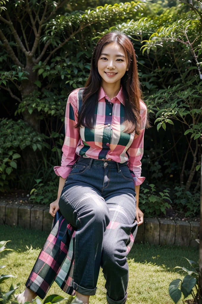 a beautiful Korean woman wearing a pink and black tartan patterned shirt, black jeans, grace, smiling calm face, sitting on the green grass under a big tree among tall tea plants in the background of a green tea garden, and green mountains, clear skies, realistis HD 8K