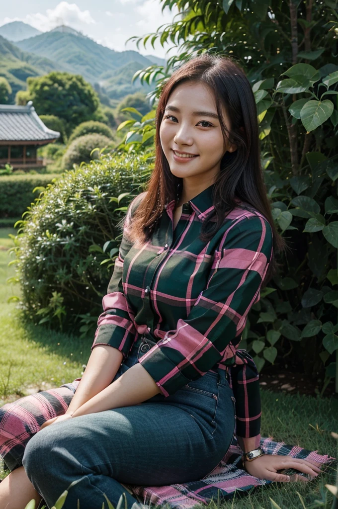 a beautiful Korean woman wearing a pink and black tartan patterned shirt, black jeans, grace, smiling calm face, sitting on the green grass under a big tree among tall tea plants in the background of a green tea garden, and green mountains, clear skies, realistis HD 8K