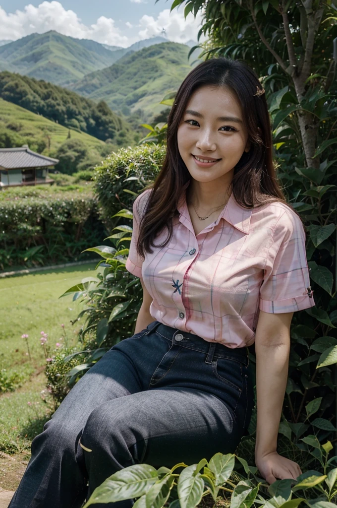 a beautiful Korean woman wearing a pink and black tartan patterned shirt, black jeans, grace, smiling calm face, sitting on the green grass under a big tree among tall tea plants in the background of a green tea garden, and green mountains, clear skies, realistis HD 8K