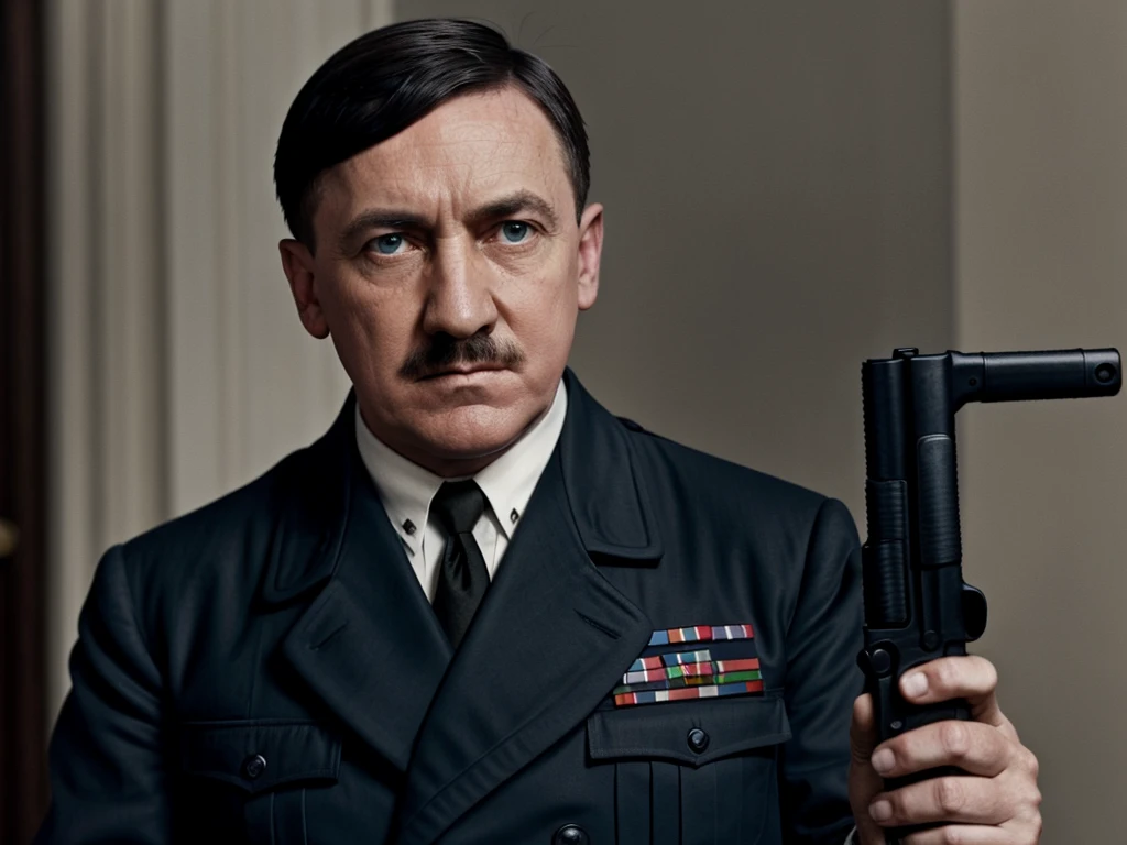 adolf hitler, with a gun in hand, good quality, details on your face