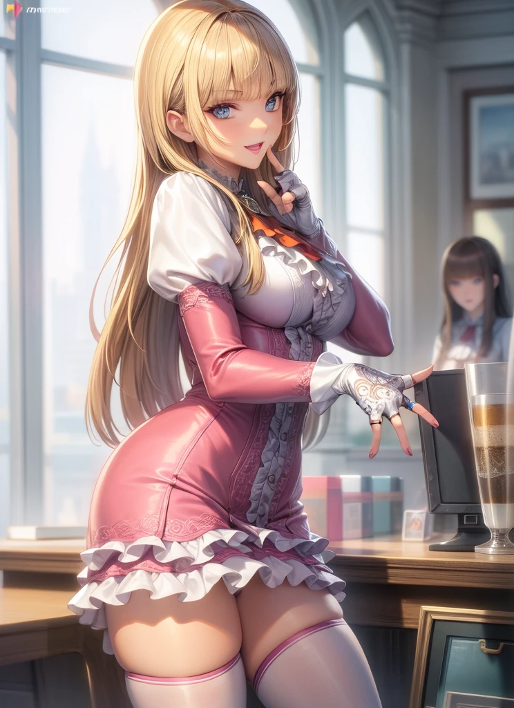 perfect eyes:1.2, detailed eyes:1.4, Emilie T8, blunt bangs, blue eyes, long hair, blonde hair, thighhighs, lace-up boots, pink frilled dress, frilled ascot, fingerless gloves, smile, red eyeshadow:1.2, makeup:1.2, cowboy shot, 1girl, solo, (masterpiece:1.6, best quality), 8k, insane details, intricate details, hyperdetailed, hyper quality, high detail, ultra detailed, professional, HDR, ray tracing reflection, cinematic lighting,
