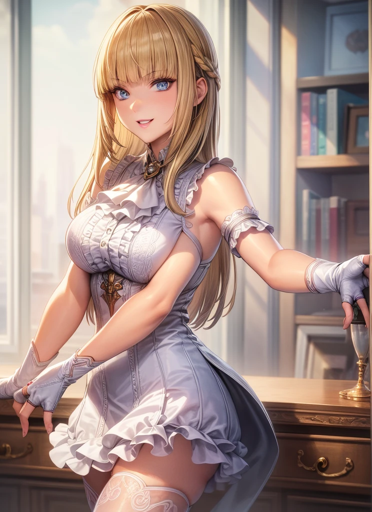 perfect eyes:1.2, detailed eyes:1.4, Emilie T8, blunt bangs, blue eyes, long hair, blonde hair, thighhighs, lace-up boots, pink frilled dress, frilled ascot, fingerless gloves, smile, red eyeshadow:1.2, makeup:1.2, cowboy shot, 1girl, solo, (masterpiece:1.6, best quality), 8k, insane details, intricate details, hyperdetailed, hyper quality, high detail, ultra detailed, professional, HDR, ray tracing reflection, cinematic lighting,
