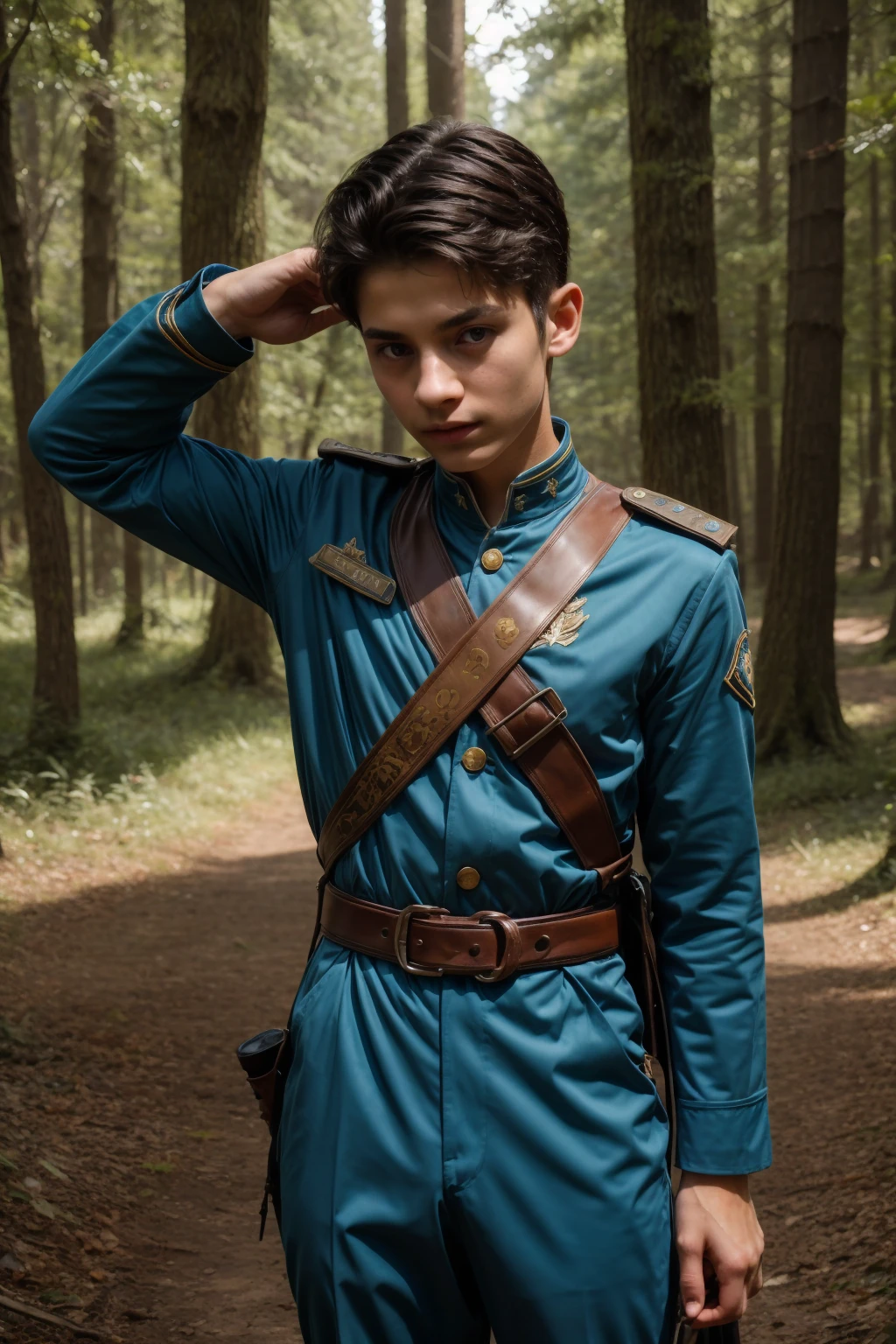 A beautiful young twink, male with black hair, wearing a water-blue military uniform. He is in the forest and has a sword in his hand with two vertebrae at the end.