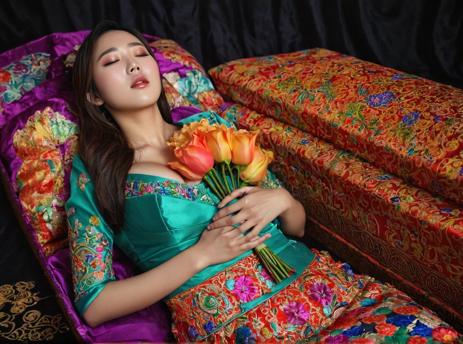 In a striking 8K HDR scene, a stunning Korean woman, 22 years old, lies peacefully in a colorful coffin surrounded by plush pillows. The deep box is set against a rich black background, accentuating the beauty of the subject. Her exquisite kebaya with sleeve attire is embroidered with superb detail, showcasing her round and firm breasts, perfect cleavage, and beautiful eyebrows. Her closed eyes and mouth give an air of serenity, while her visible and absolute cleavage leave nothing to imagination. The scene is bathed in saturated colors, highlighting every intricate aspect from the ball skirt to her clean face, straight body, detailed hand perfect hands, straight body.