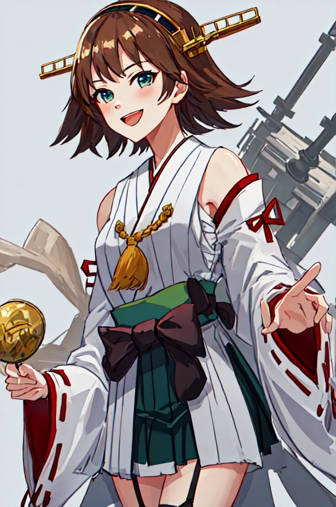 Highest quality, masterpiece, High resolution, 一人in, {Mount Hiei_Fleet Collection:1.15}, brown_hair, short_hair, hairband, headgear, Non-traditional_Shrine maiden, smile, green_eye, Inverted up_hair, Open_mouth, One girl, independent_sleeve, Japanese_Clothes, Looking_in_Audience, ribbon-trimmed_sleeve, ribbon_trim, upper_body, Simple_background, white_background, one hour_drawing_Challenge