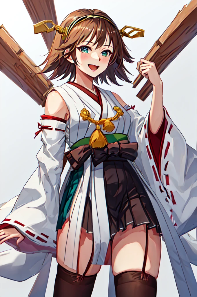 Highest quality, masterpiece, High resolution, 一人in, {Mount Hiei_Fleet Collection:1.15}, brown_hair, short_hair, hairband, headgear, Non-traditional_Shrine maiden, smile, green_eye, Inverted up_hair, Open_mouth, One girl, independent_sleeve, Japanese_Clothes, Looking_in_Audience, ribbon-trimmed_sleeve, ribbon_trim, upper_body, Simple_background, white_background, one hour_drawing_Challenge