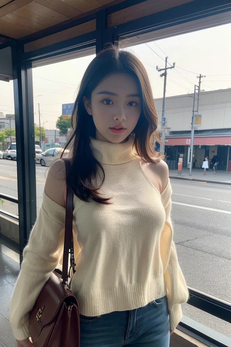 (Colossal tits、Turtleneck knitwear、Shoulder bag)、(top-quality,masterpiece:1.3,超A high resolution,),(ultra-detailliert,Caustics),(Photorealsitic:1.4,RAW shooting,)Ultra-realistic capture,A highly detailed,high-definition16Kfor human skin、 Skin texture is natural、、The skin looks healthy with an even tone、 Use natural light and color,One Woman,japanes,,kawaii,A dark-haired,Middle hair,(depth of fields、chromatic abberation、、Wide range of lighting、Natural Shading、)、(Hair swaying in the wind:1.2)、Streets of Tokyo