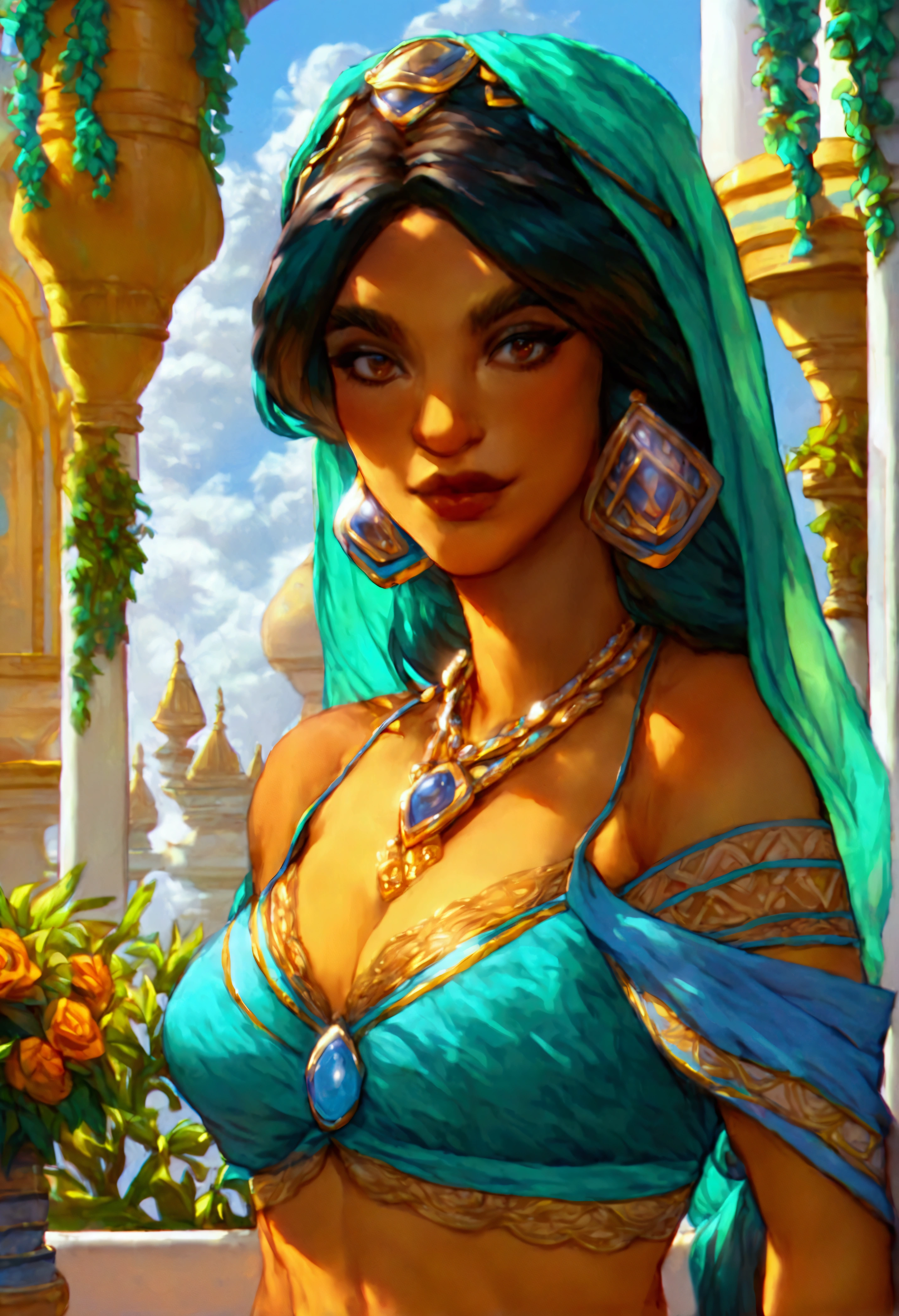 score_9, score_8_up, score_7_up, (((solo close-up of Princess Jasmine:1.4) standing on balcony of (Arabian palace:1.2), dark-skinned beauty, perfect face, ornate columns, starlit romantic sky, (architecture with intricate design and verdant vegetation), bright colors, (cartoon artstyle with bold lines:1.3), rating_safe.