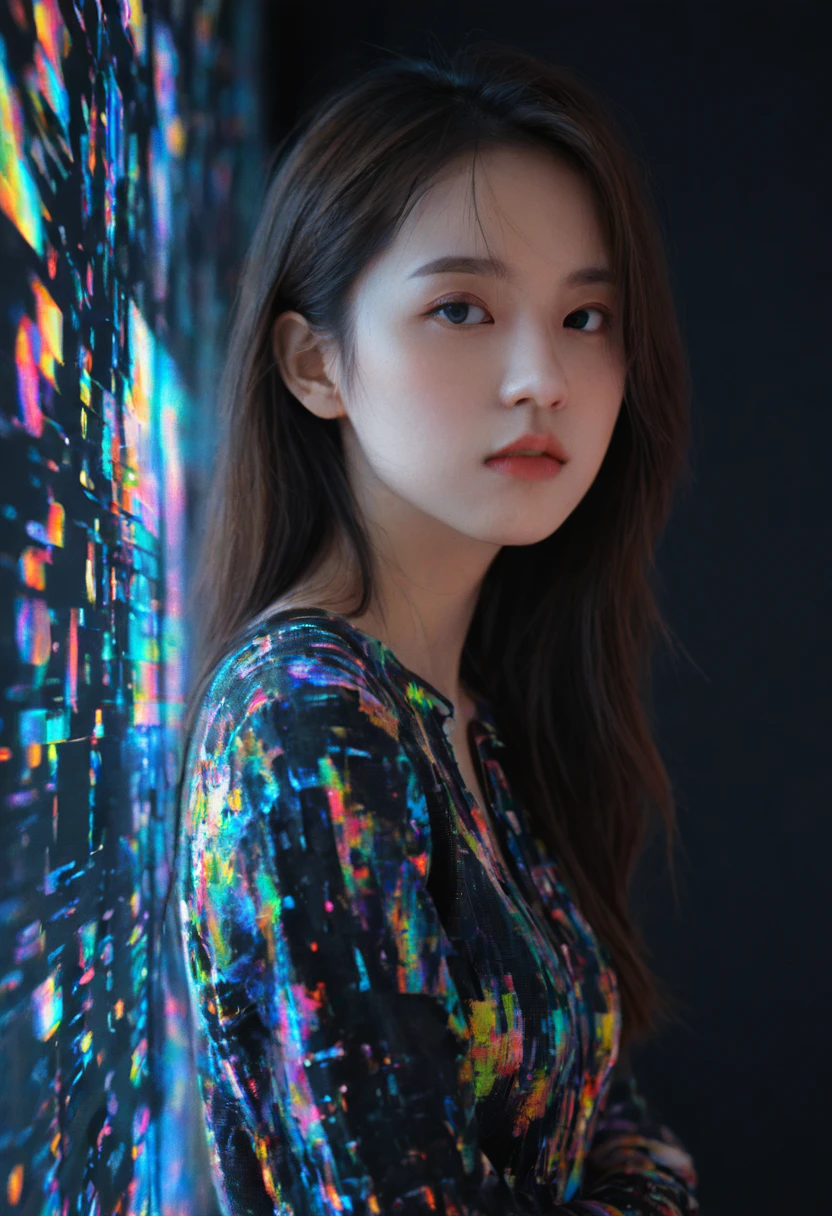 (Front focus),(in the darkness:1.6),, (masterpiece, Top quality, the best, Official Art, beautiful and aesthetic:1.2),(masterpiece, Top quality, the best quality, Official Art, beautiful and aesthetic:1.2),(masterpiece, Top quality, the best quality, Official Art, beautiful and aesthetic:1.2), 1 Girl, Glitch Art, (Digital Distortion), Pixelate fragments, Data corruption,Colored Noise, Visual confusion,Contemporary Aesthetics