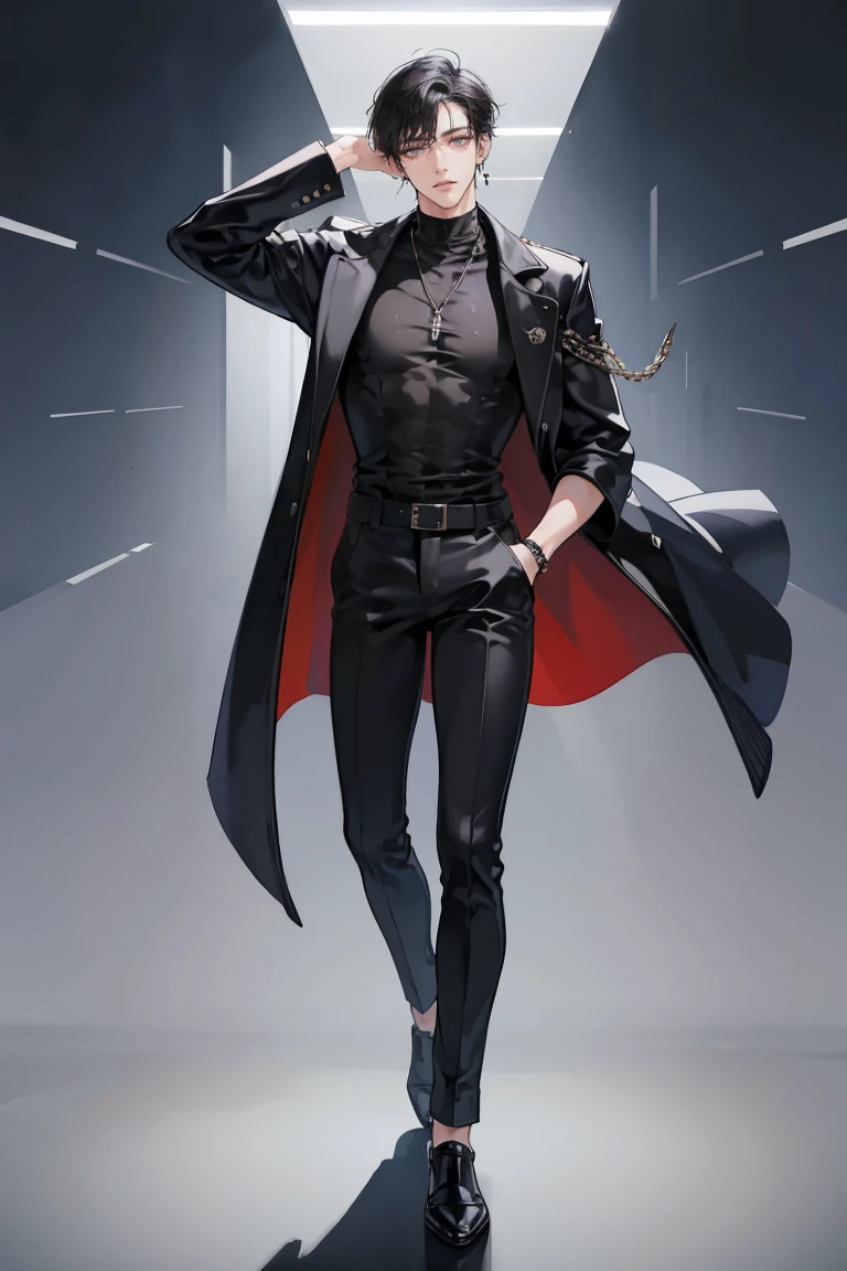 (masterpiece), best quality, seductive eyes, perfect face, handsome man, brown eyes, long sleek tied black hair, long nose, plain grey shirt, white leather jacket, black fitted pants, full body, tall man, long legs, anime cover, 1boy, ear piercings, hands in pockets, adult-like look
