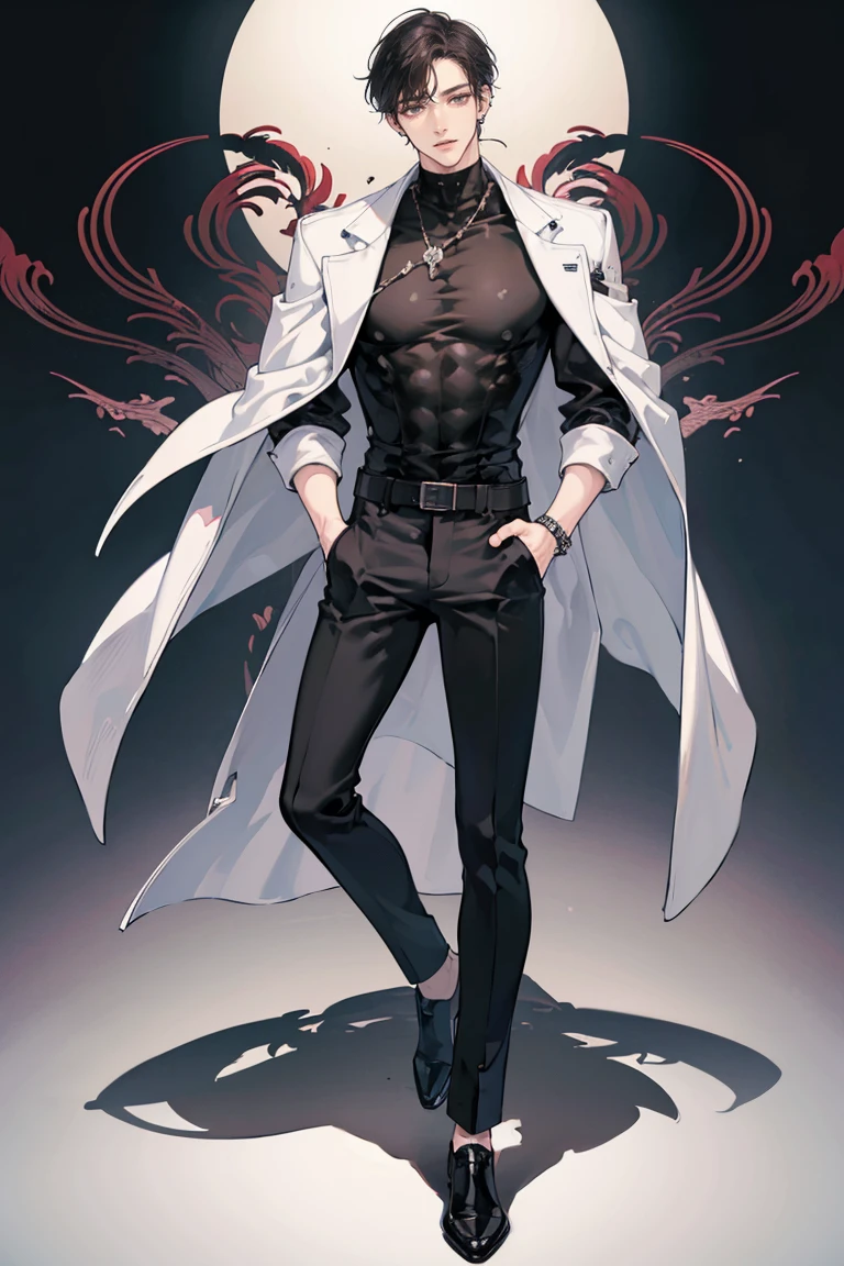 (masterpiece), best quality, seductive eyes, perfect face, handsome man, brown eyes, long sleek tied black hair, long nose, plain grey shirt, white leather jacket, black fitted pants, full body, tall man, long legs, anime cover, 1boy, ear piercings, hands in pockets, adult-like look
