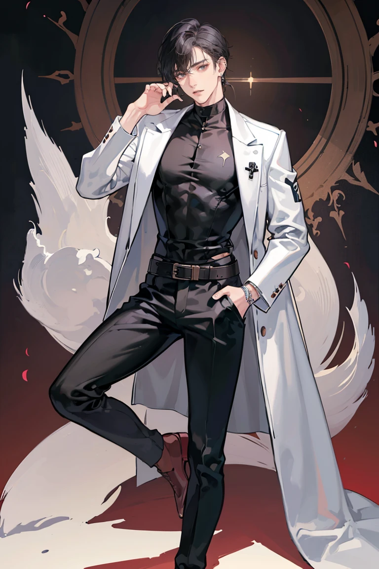 (masterpiece), best quality, seductive eyes, perfect face, handsome man, brown eyes, long sleek tied black hair, long nose, plain grey shirt, white leather jacket, black fitted pants, full body, tall man, long legs, anime cover, 1boy, ear piercings, hands in pockets, adult-like look
