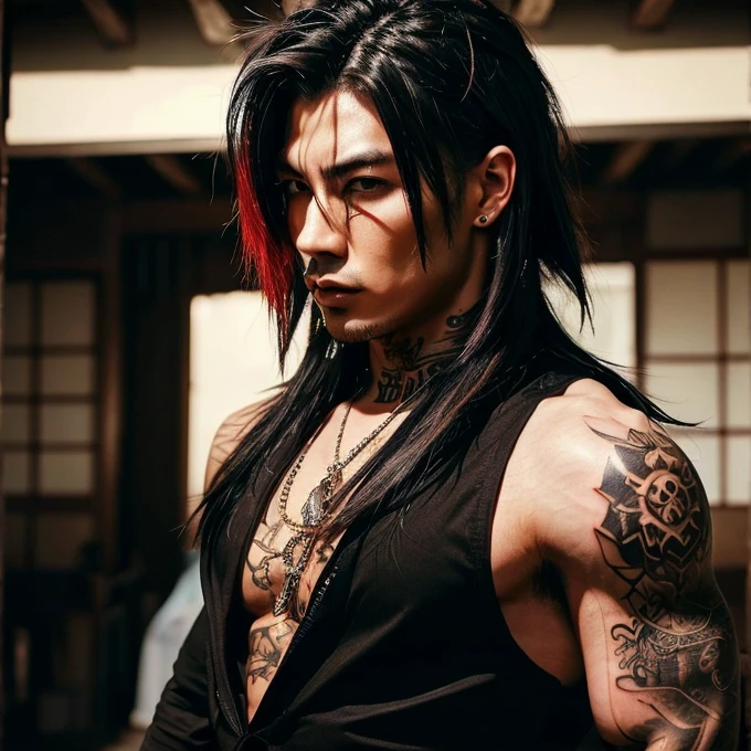 1 man, Japanese man, male, Asian eyes, muscular, broad shoulders, yakuza tattoos, hairstyle Visual Kei style, hair Visual Kei, black men's shirt and black pants, ultra detailed face, hyperrealistic, realistic representation, long hair, long hair, 30 years old, age 30 years, blond, blonde hair