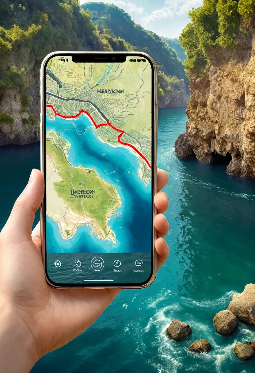 It's very realistic, with a smartphone in your hand and a map displayed on the smartphone screen, Signs of a fantastic landscape in the depths of the berth, outdoor