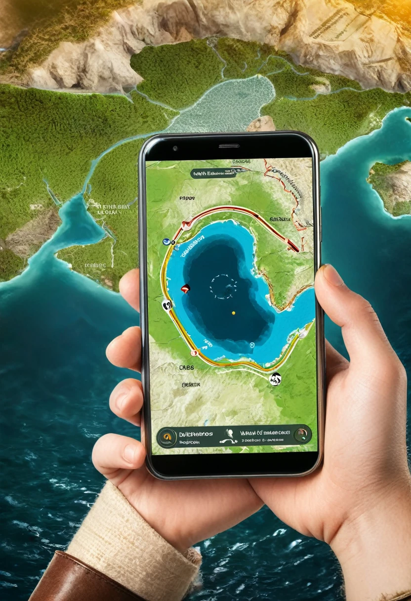 It's very realistic, with a smartphone in your hand and a map displayed on the smartphone screen, Signs of a fantastic landscape in the depths of the berth, outdoor