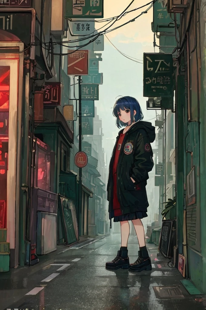 (masterpiece、Highest quality、Highest quality、Official Art、Beautiful and aesthetic:1.2)、Near future、Blade runner、Slum Street、Late at night、Lo-fi Hip Hop、Cafe with small lights、Residential Street、silence、It&#39;s raining a little、人いない景色アニメ background, アニメ wallpaper, アニメ, アニメ style, praise, praise style, Modern Japanese streets, Mountain々, Uphill, Modern Japanese architecture, Japanese Convenience Stores, big retro japanese Store sign, Retro Japanese shop, wood, plant, rock, Wood flower pot, Store sign, Japanese Banner, Japanese Signs, flag, sunrise, Golden Hour, Golden lighting, Empty Streets, no one in sight, (no one: 1), Highest quality