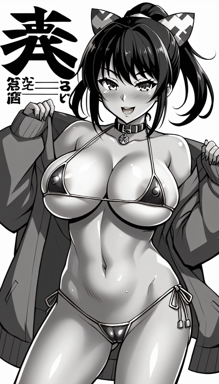 Japanese woman in her 20s with very large breasts wearing a micro bikini.
Please draw her in the style of 90's Japanese anime, with colors.