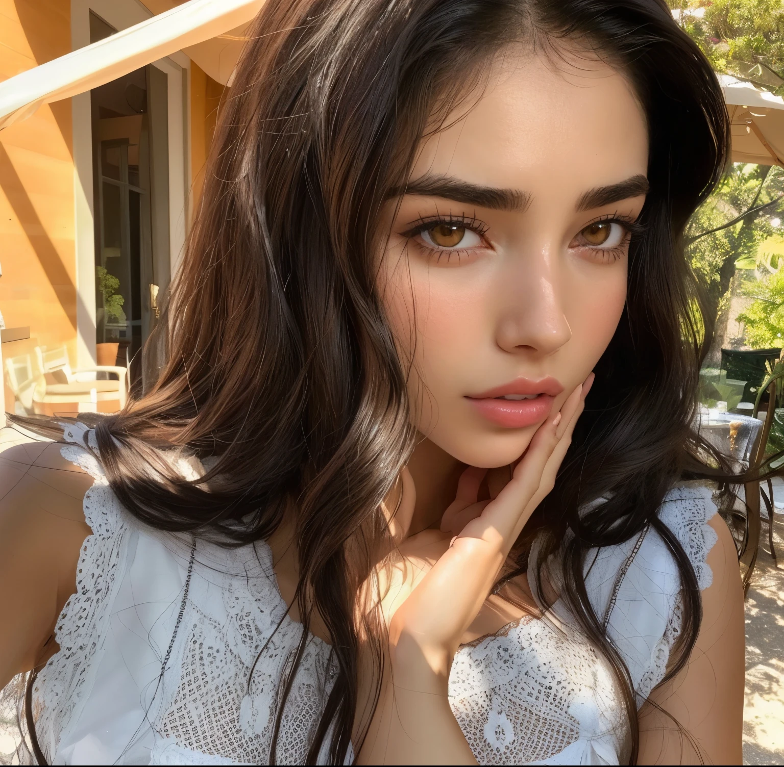 arafed woman with long dark hair posing for a picture, flawless olive skin, dua lipa, gorgeous caucasian face, instagram model, gorgeous woman, violet myers, olivia culpo, gorgeous lady, madison beer, olive skin, cool looking, portrait emily ratajkowski, christina kritkou, looks like laura barriales, she has perfect skin, leaked image