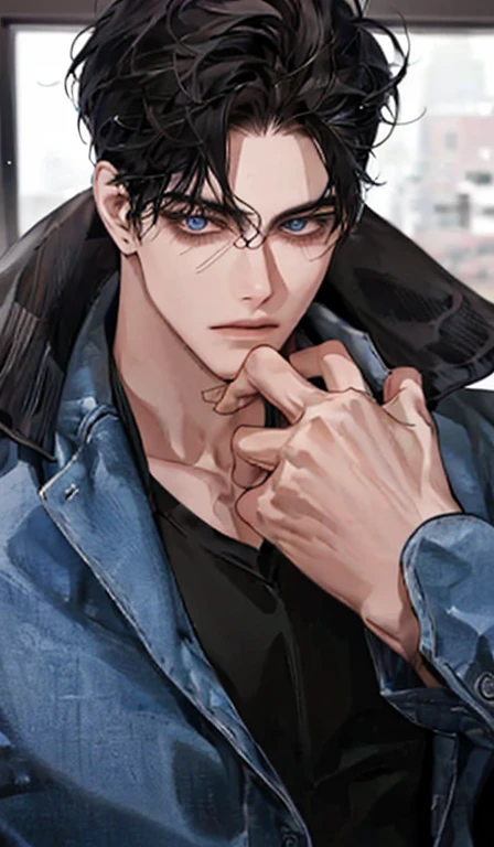 21 years old guy, handsome, mature, black hair, blue eyes, cool, very tall, casual, use glasses, rich, perfect face, detailed face, aesthetic, athletic body, sexy
