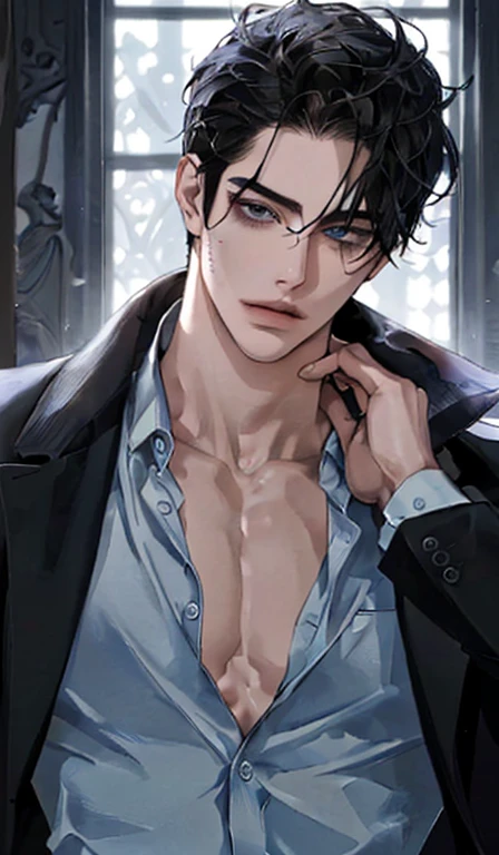 21 years old guy, handsome, mature, black hair, blue eyes, cool, very tall, casual, use glasses, rich, perfect face, detailed face, aesthetic, athletic body, sexy