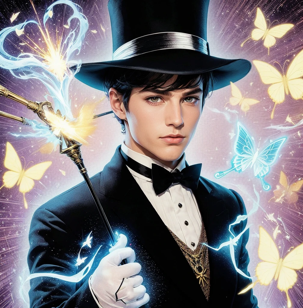 American classic comic book art: Handsome ethereal young man delicate, black short hair bangs, black wizard hat on head, navy black magician outfit Zatanna, fishnet stockings, holding an elegant cane, white gloves, emanating bright blue magic, yellow pink energy, white eyes, sorcerer magician, beautiful thighs, very young face man, lilac light magical butterflies, Magic of Imagination, casting spell, medieval castle, classic comic book 