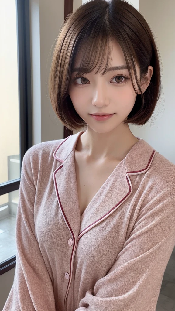 (masterpiece:1.3), (8k, photorealism, original photo, Best image quality: 1.4), Japanese high school girl、(Random hairstyle:1.2)、split:1.2、Super detailed face、Attention to detail、double eyelids、chest to chest、sharp focus:1.2、beautiful woman:1.4、light brown hair、best quality、masterpiece、ultra high resolution、(photorealism:1.4)、Rich in details、Professional smile、Loose and lightweight pajamas、shoulders outward、thin、Serious expression、short hair、fatal position