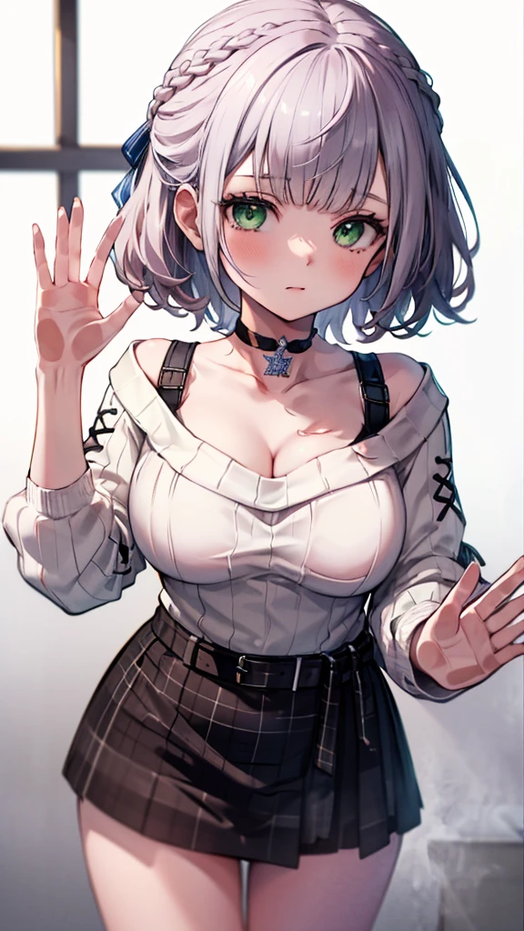 (Ultra-high resolution,masterpiece, Attention to detail, Highest quality), 8K,(ccnoel, short hair, french braid, hair ribbon, green eyes, black choker, collarbone, cleavage, off-shoulder sweater, white sweater, plaid skirt),(Blessed,Captivating body、Ultra-detailed skin、Super beautiful eyes、Detailed Background),One girl, (breasts_on_Glass,breast press, against Glass, hands on Glass),window fog, embarrassed, (white background:1.7), from front