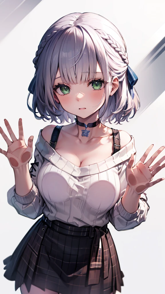 (Ultra-high resolution,masterpiece, Attention to detail, Highest quality), 8K,(ccnoel, short hair, french braid, hair ribbon, green eyes, black choker, collarbone, cleavage, off-shoulder sweater, white sweater, plaid skirt),(Blessed,Captivating body、Ultra-detailed skin、Super beautiful eyes、Detailed Background),One girl, (breasts_on_Glass,breast press, against Glass, hands on Glass),window fog, embarrassed, (white background:1.7), from front