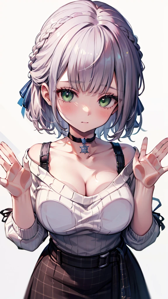 (Ultra-high resolution,masterpiece, Attention to detail, Highest quality), 8K,(ccnoel, short hair, french braid, hair ribbon, green eyes, black choker, collarbone, cleavage, off-shoulder sweater, white sweater, plaid skirt),(Blessed,Captivating body、Ultra-detailed skin、Super beautiful eyes、Detailed Background),One girl, (breasts_on_Glass,breast press, against Glass, hands on Glass),window fog, embarrassed, (white background:1.7), from front