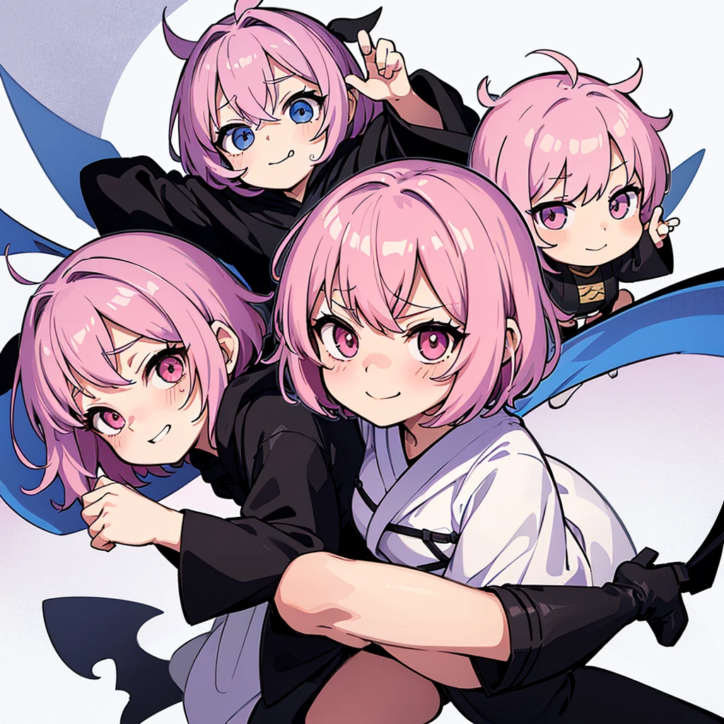 ((((Chibi Character))))、(whole body)、(Back view、front、From the side、From above)、(((Wearing a black hood)))、Best illustrations、Best Quality、(23 years old)、(The same face:1.1),Medieval Fantasy、Magic wand,(White Background)、(Pink Hair、Very Short Hair、Align your bangs)、(((Long sleeve、Black Robe、pants、Knee-high boots)))、Get Ready、Fighting stance、(smile、Embarrassed、blush、Embarrassing)