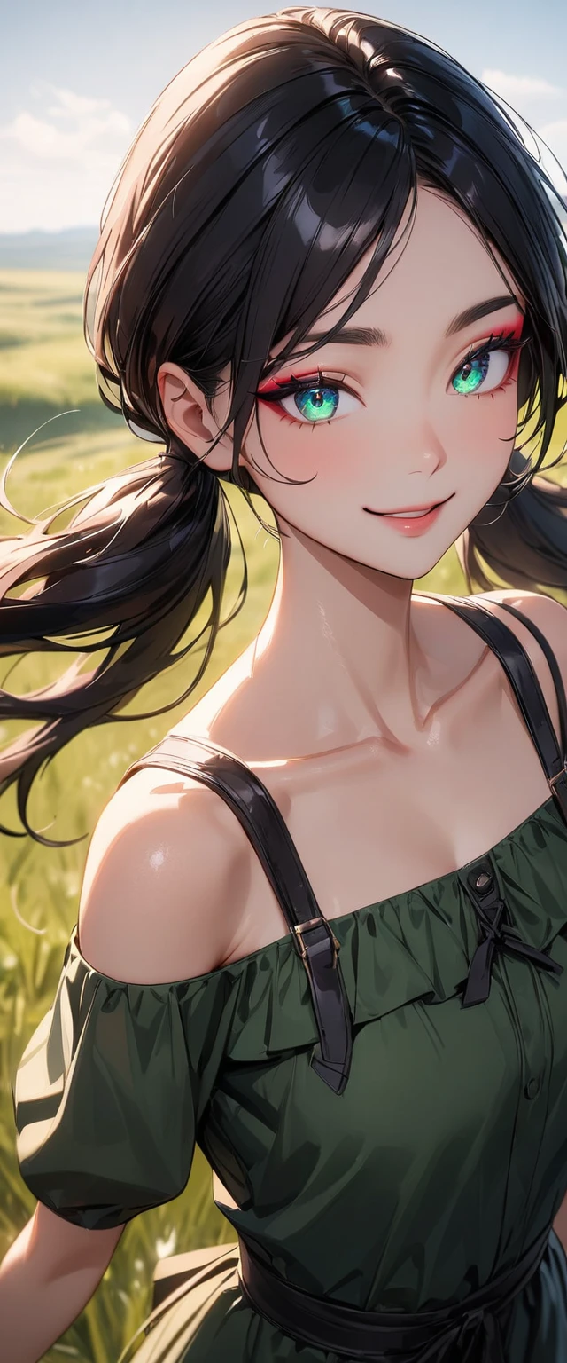 Photo of a woman with natural skin, grassland, Upper Body, Smiling, High Twintails, Black hair with red mesh, Sharp eyes with red eyeshadow, Blue-green eyes, Shining eyes, A thin, upturned nose, Well-shaped lips, ((Black off-the-shoulder dress, Thin shoulder straps)), barefoot, Makeup, Exquisitely crafted with the utmost attention to detail, Vibrant, amazing, Smooth, Cinematic, 4K, Backlight, ((綺麗な星空が見える広いgrassland)), Shallow depth of field, ((Detailed eyes:1.3, Detailed lips:1.3, high quality, )), masterpiece, Super detailed images, High quality