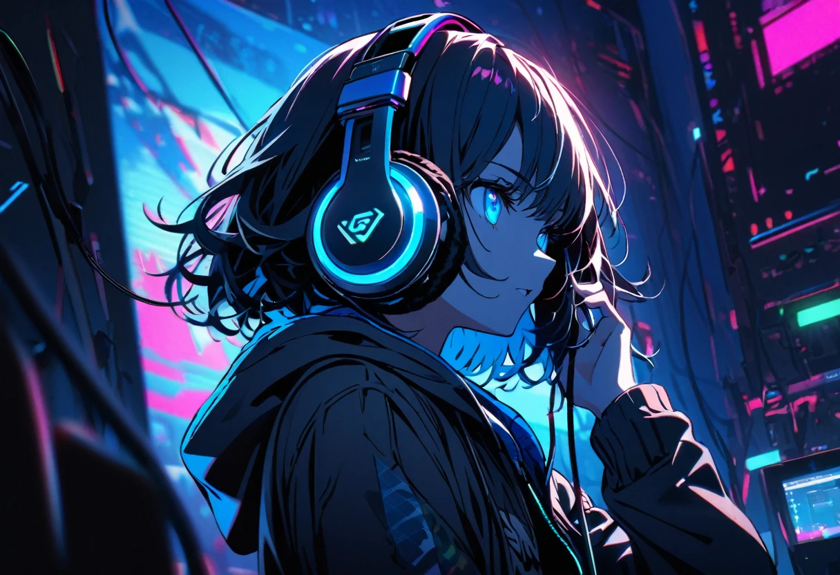ultra detailed,1 girl, solo, jacket with hoodie, cool, headphone, RGB lighting headphones, headphones with blue lighting, headphone with cable, blue lighting, wallpaper