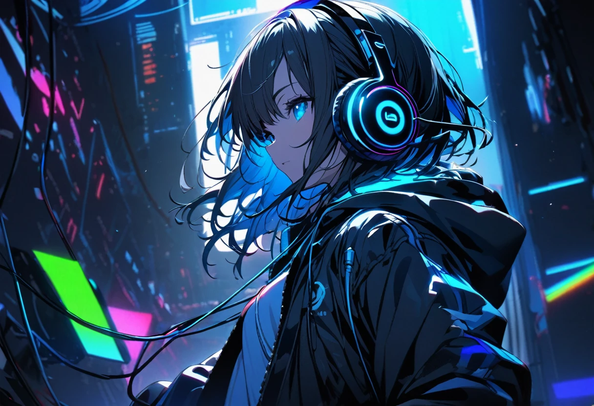 ultra detailed,1 girl, solo,  jacket with hoodie, cool, headphone, RGB lighting headphones, headphones with blue lighting, headphone with cable, blue lighting, wallpaper