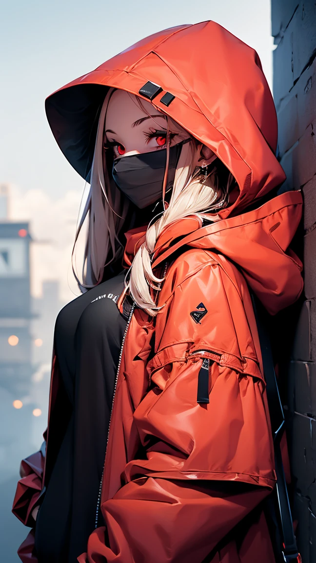girl in a black hood with red eyes on the background of the word (BIAA)