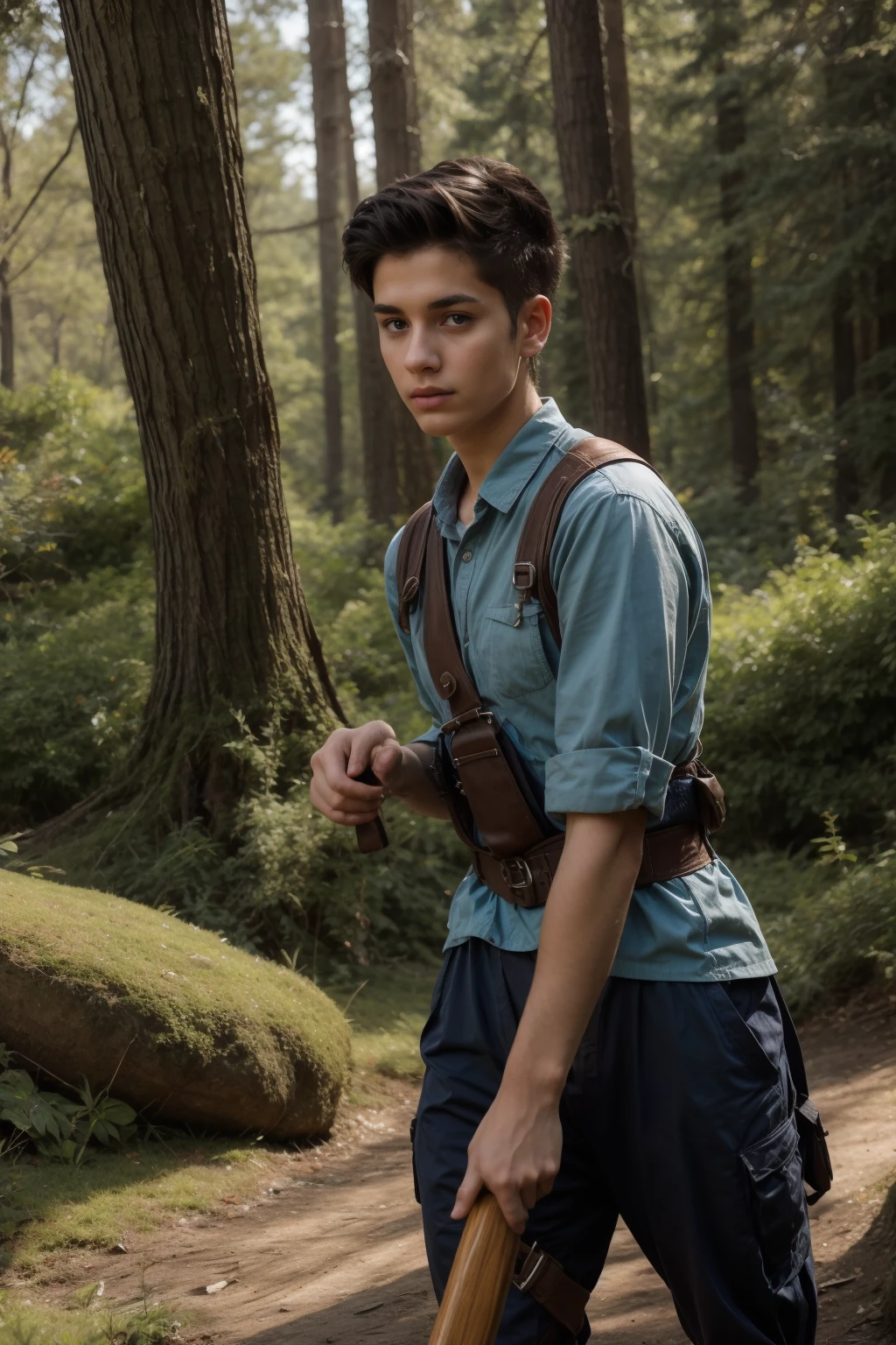A beautiful young male twink with black hair wearing an aqua blue military uniform and is in the forest with a sword in his hand