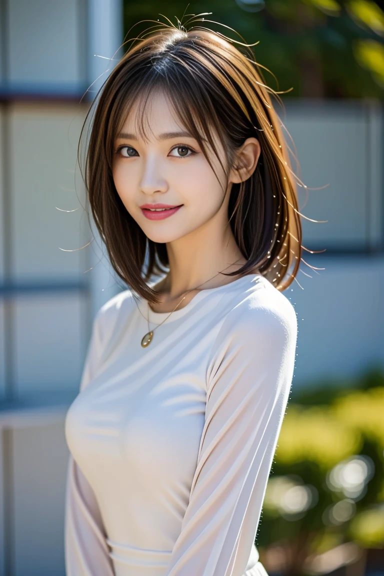 (Highly realistic photo, high resolution, detailed face, fine eyes), shot in front of a white wall, Japanese woman, 40 years old, various expressions, one person:1, slim figure, various hairstyles, alone in the photo, long sleeve dress, shot in natural light, simple necklace, summer clothes, not looking at the camera, profile, dark brown hair color, refreshing smile, sexy outfit
