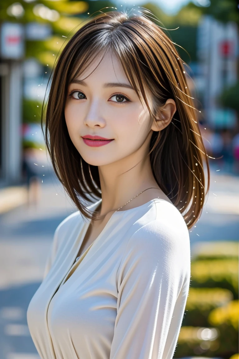 (Highly realistic photo, high resolution, detailed face, fine eyes), shot in front of a white wall, Japanese woman, 40 years old, various expressions, one person:1, slim figure, various hairstyles, alone in the photo, long sleeve dress, shot in natural light, simple necklace, summer clothes, not looking at the camera, profile, dark brown hair color, refreshing smile, sexy outfit
