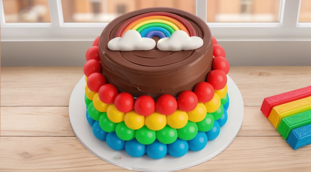 on a wooden table, on a white plate, a chocolate cream cake, candy candies around the cake, a cloud and a rainbow made of polymer clay on the cake, window light, bright lights, soft light, window light, professional lighting, light from the window, neat light, realistic texture, realistic style, detailed texture, high quality, high resolution, high quality rendering, realistic photo, brightning light, macro photo