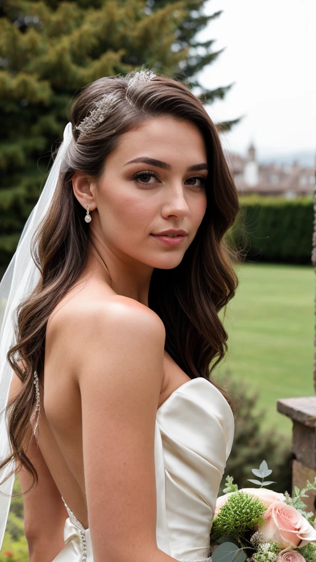 wedding dress, holding the wedding bouquet, A 23 year old brunette woman, ((large)), detailed face, perfect face, detailed eyes, perfect eyes, ((hyper realism)),. Hair with light brown roots. blond hair, Hair with brown roots, extra long hair, very long hair, really long hair, Nice, front view, Selfie, Photo taken with iPhone, elegant black shirt with escote, Selfie in the garden, Good quality, Selfie iPhone , Decollete, face ultra ultra super 8k hd