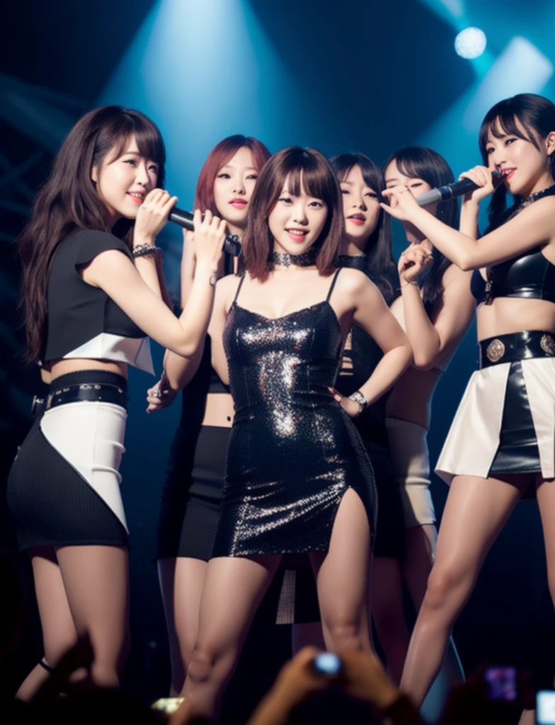 masterpiece, Main Stage, Korean Girl Band, Mini Dress, crowd, Cinematic, Five Girls, line up, group_photograph, Multiple Girls,