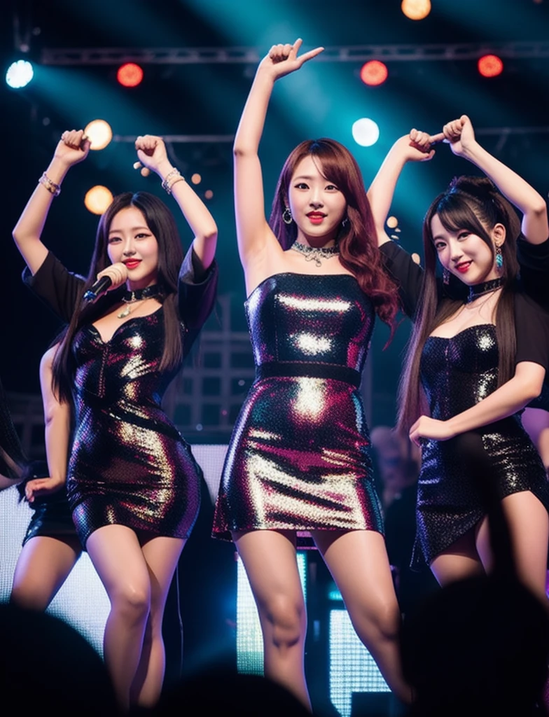 masterpiece, Main Stage, Korean Girl Band, Mini Dress, crowd, Cinematic, Five Girls, line up, group_photograph, Multiple Girls, 