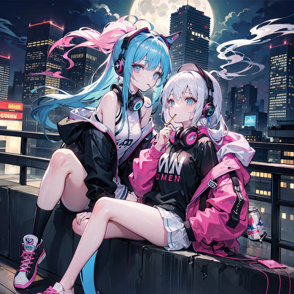 ((((Smoke a cigarette　Put your headphones around your neck))))　(((Neon color　pink and blue hair　ponytail　Wear a hat　Off-the-shoulder hoodies　Place the beer cans)))　((cyber punk　Earrings　rooftop　City of night))　(Shining Moon　Shining Background)