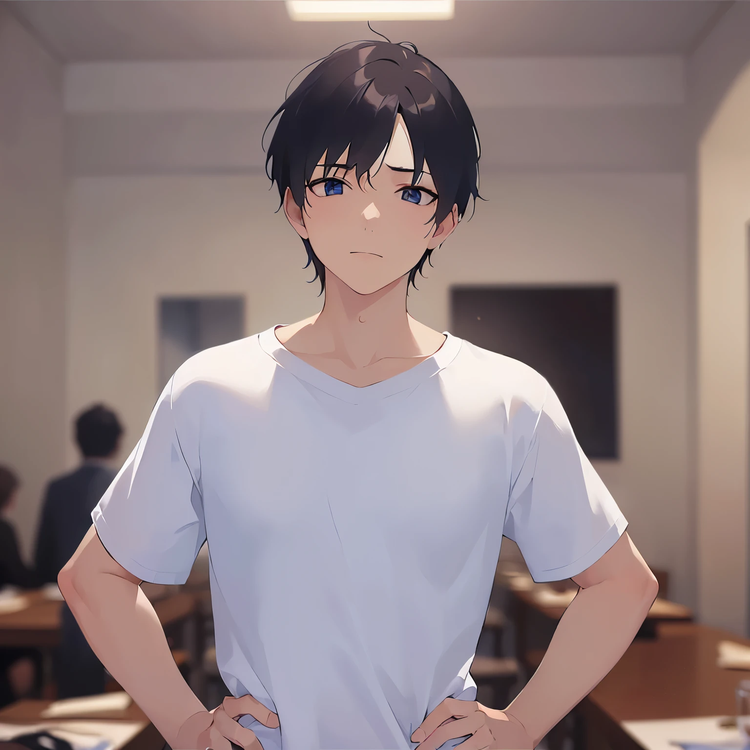 (looking away:1.5),upper body,
shiny skin, masterpiece、Highest quality、(25-year-old male:1.5) and (Black short hair) and (blue eyes)、
(white) and (T-Shirts)、
The background is the dining room at night、Sighing、Hands on head、Hands on hips