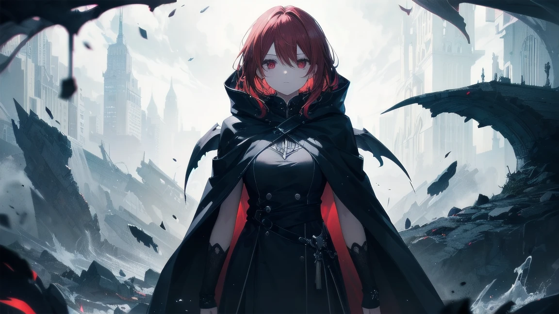 A young woman with long, flowing red hair、A striking illustration of a man in a dark hooded cloak。Standing confidently amid a dramatic backdrop of swirling splashes of black and red、It exudes a strong and mysterious atmosphere.。Her red eyes match her hair color.、Rin々It has a new and attractive presence。The cloak she wears is black.、It contrasts sharply with the white shirt worn underneath.。The overall style is dynamic and detailed.、A mix of fantasy and gothic elements、It exudes dark charm and power.。