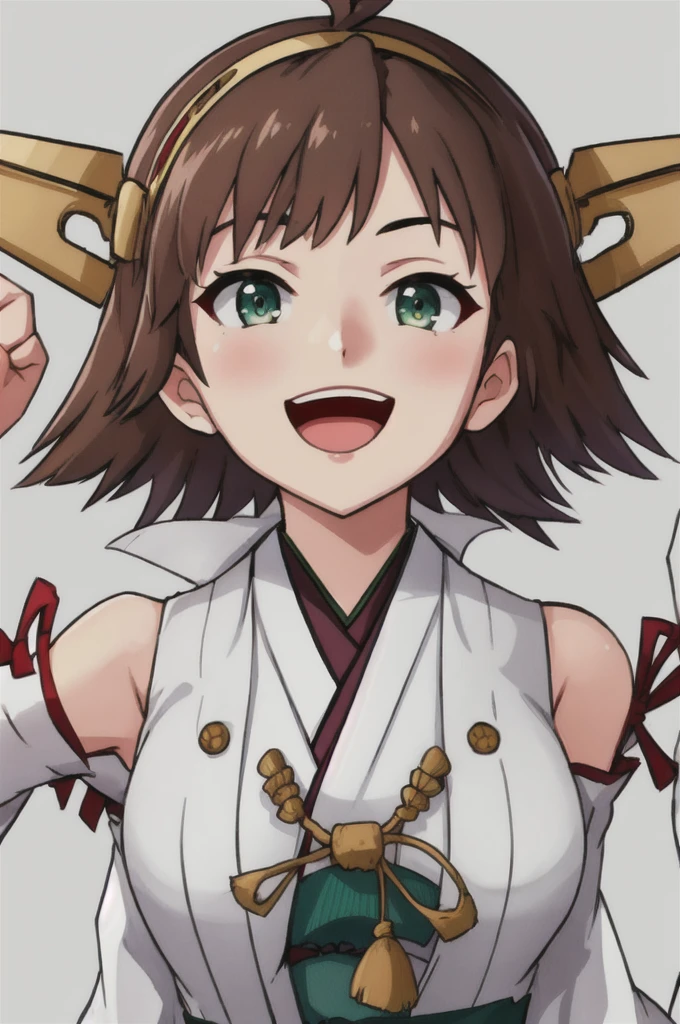 Highest quality, masterpiece, High resolution, 一人in, {Mount Hiei_Fleet Collection:1.15}, brown_hair, short_hair, hairband, headgear, Non-traditional_Shrine maiden, smile, green_eye, Inverted up_hair, Open_mouth, One girl, independent_sleeve, Japanese_Clothes, Looking_in_Audience, ribbon-trimmed_sleeve, ribbon_trim, upper_body, Simple_background, white_background, one hour_drawing_Challenge