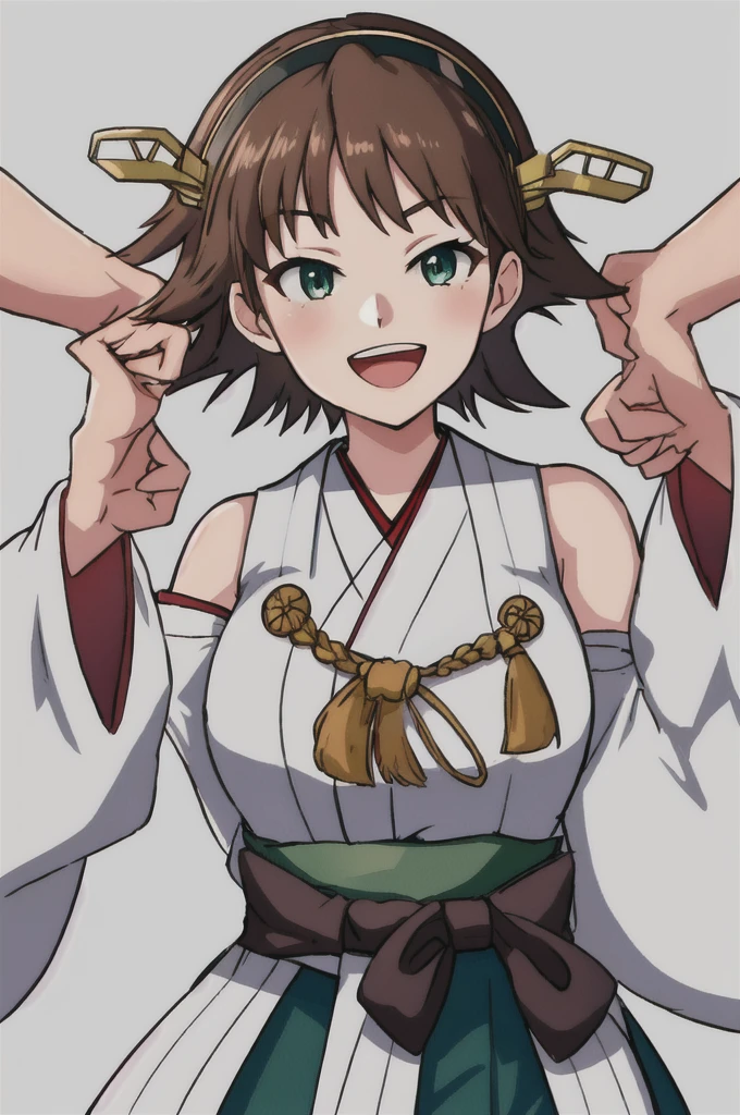 Highest quality, masterpiece, High resolution, 一人in, {Mount Hiei_Fleet Collection:1.15}, brown_hair, short_hair, hairband, headgear, Non-traditional_Shrine maiden, smile, green_eye, Inverted up_hair, Open_mouth, One girl, independent_sleeve, Japanese_Clothes, Looking_in_Audience, ribbon-trimmed_sleeve, ribbon_trim, upper_body, Simple_background, white_background, one hour_drawing_Challenge