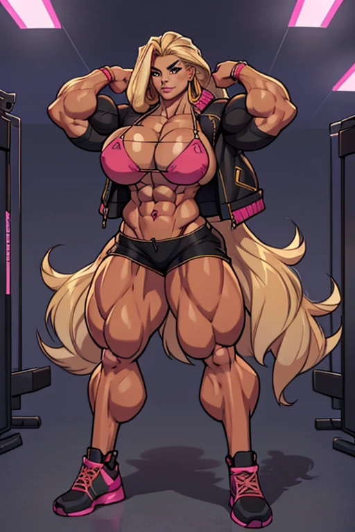 beautiful 20 yo woman, long blonde curly hair, most attractive, pink  tiny bikini top, free midriff, black fur jacket, baggy trousers, sixpack abs, strong well defined muscle, lean powerful bodybuilder physique, perfect and flawless musculature, great muscle definition, perfect six-pack abs, (((massive muscular legs)))