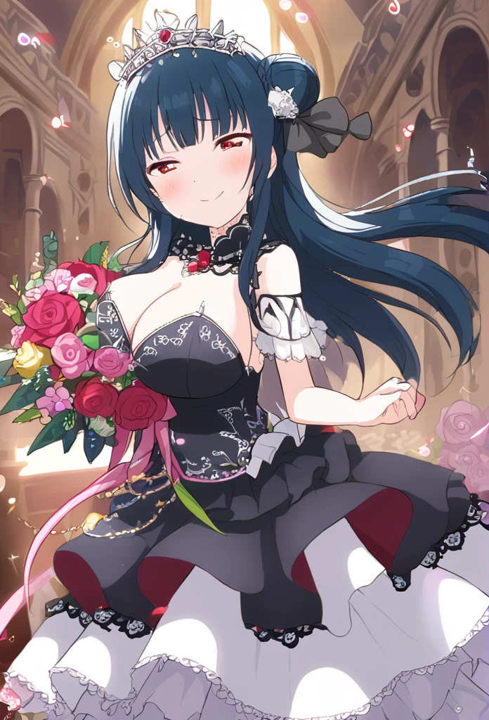 Yoshiko Tsushima　Blue Hair　Red Eye　Semi-long hair　One-sided bun hairstyle　Black Wedding Dress　Bouquet of red roses　Red rose decorated dress　smile　Huge breasts　Cleavage　church　Tears of joy　　　tiara　Tears　Shining