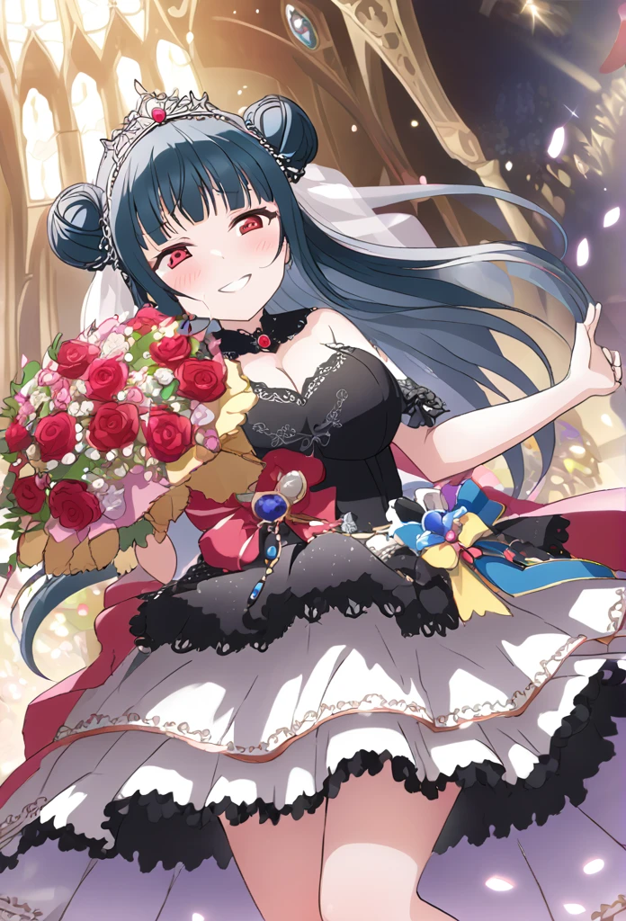 Yoshiko Tsushima　Blue Hair　Red Eye　Semi-long hair　One-sided bun hairstyle　Black Wedding Dress　Bouquet of red roses　Red rose decorated dress　smile　Huge breasts　Cleavage　church　Tears of joy　　　tiara　Tears　Shining